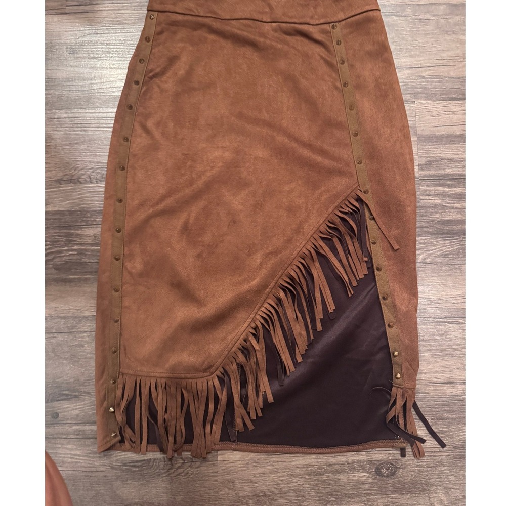 Unbranded Faux Suede Fringe Western Midi Skirt Brown Studded Small